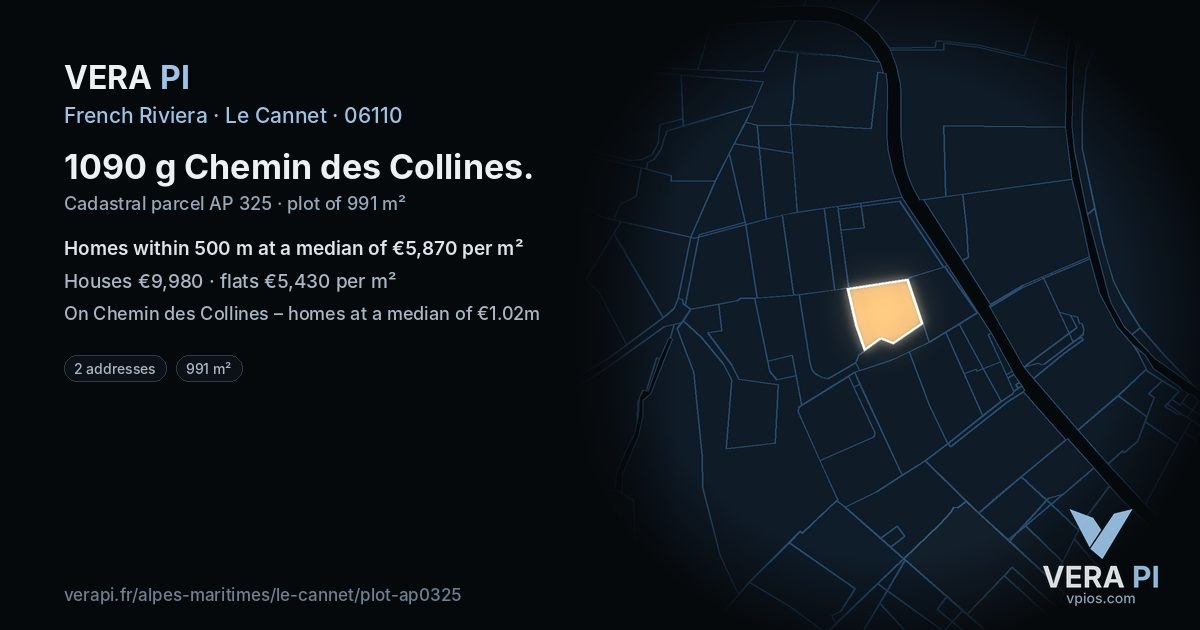 1090 g Chemin des Collines, Le Cannet at night – the plot lit, the parcels around coloured by the prices near them