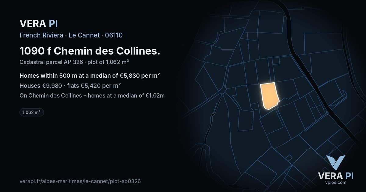 1090 f Chemin des Collines, Le Cannet at night – the plot lit, the parcels around coloured by the prices near them