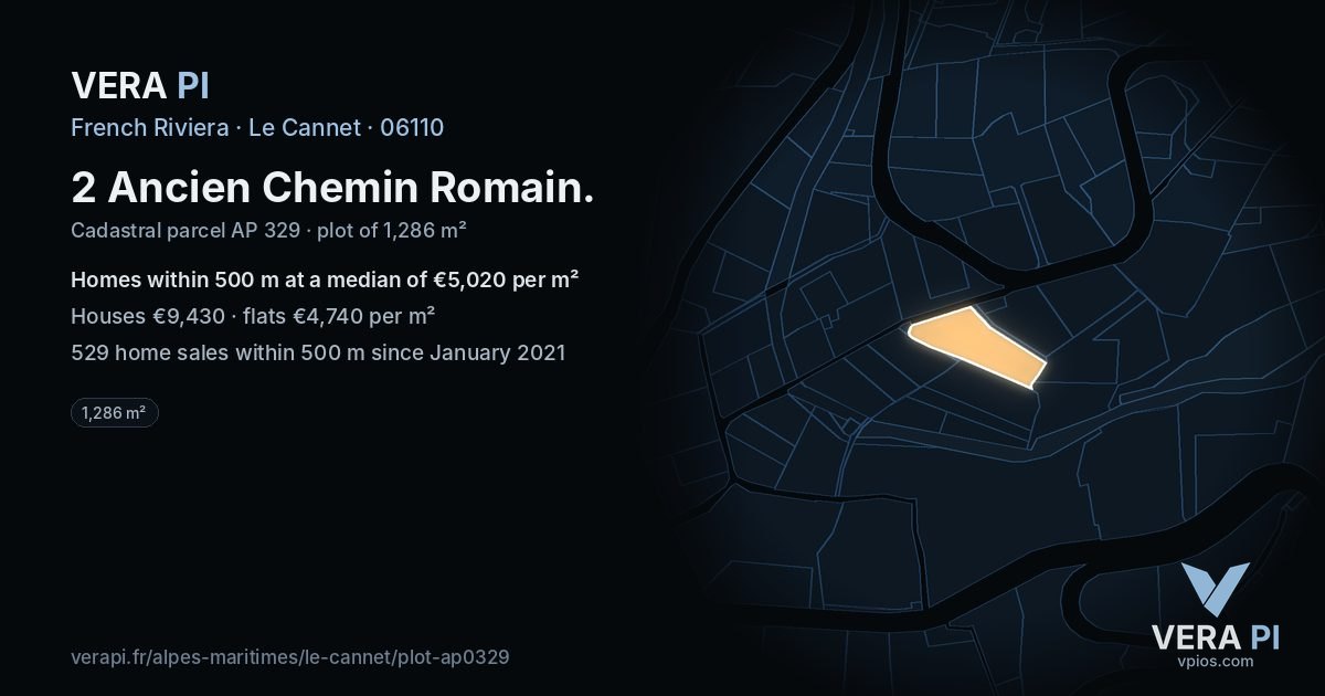 2 Ancien Chemin Romain, Le Cannet at night – the plot lit, the parcels around coloured by the prices near them