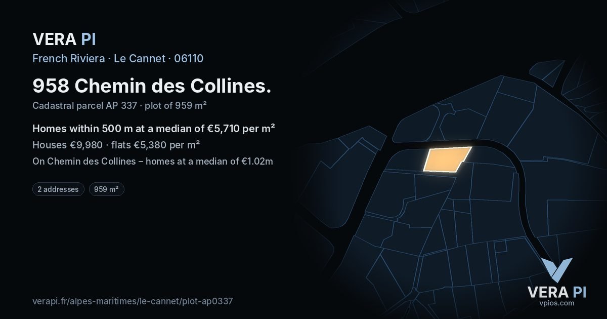 958 Chemin des Collines, Le Cannet at night – the plot lit, the parcels around coloured by the prices near them