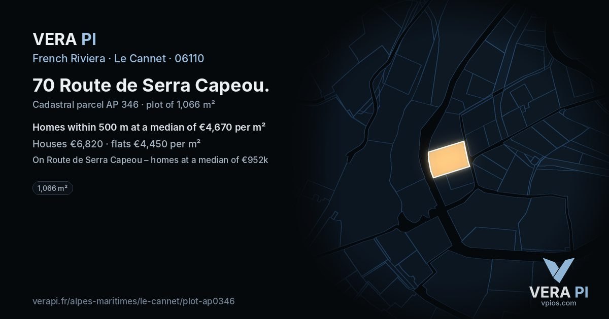 70 Route de Serra Capeou, Le Cannet at night – the plot lit, the parcels around coloured by the prices near them
