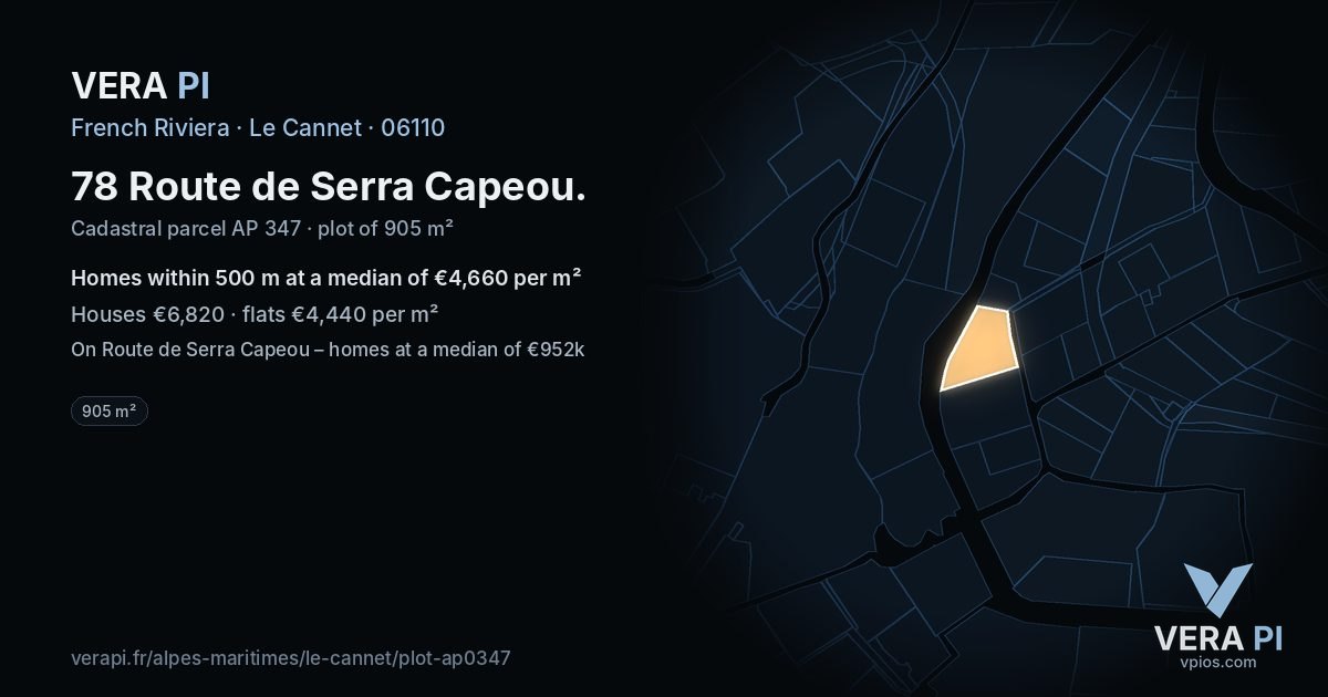 78 Route de Serra Capeou, Le Cannet at night – the plot lit, the parcels around coloured by the prices near them