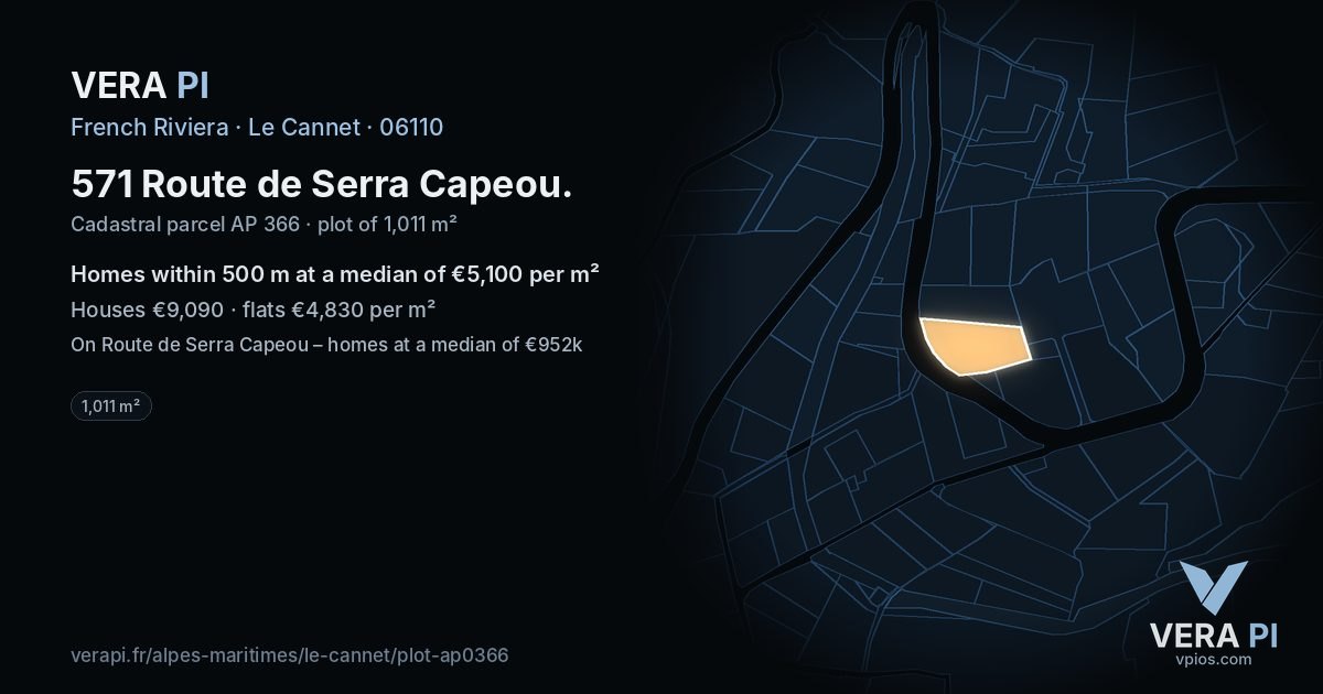 571 Route de Serra Capeou, Le Cannet at night – the plot lit, the parcels around coloured by the prices near them