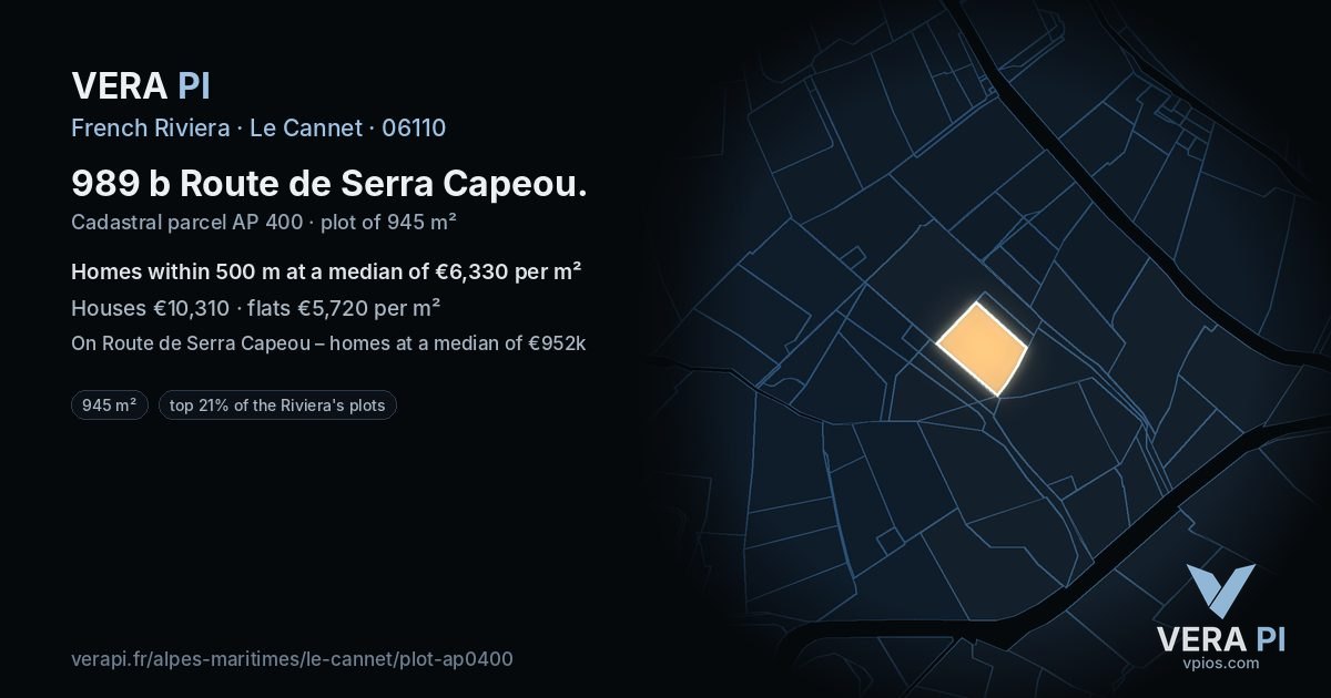 989 b Route de Serra Capeou, Le Cannet at night – the plot lit, the parcels around coloured by the prices near them