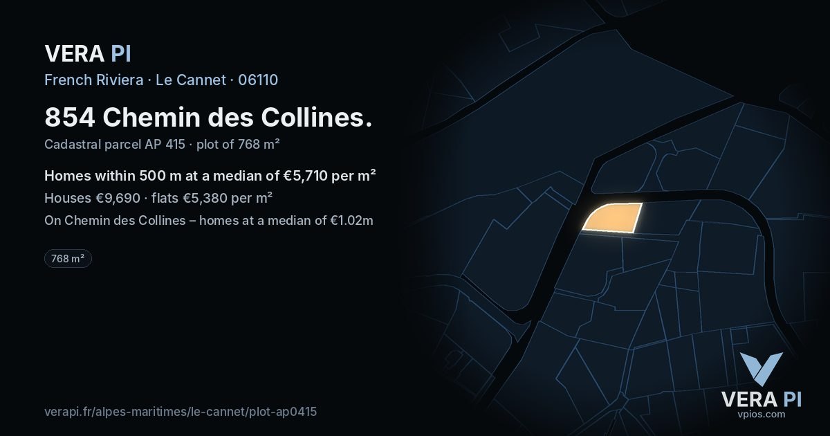854 Chemin des Collines, Le Cannet at night – the plot lit, the parcels around coloured by the prices near them