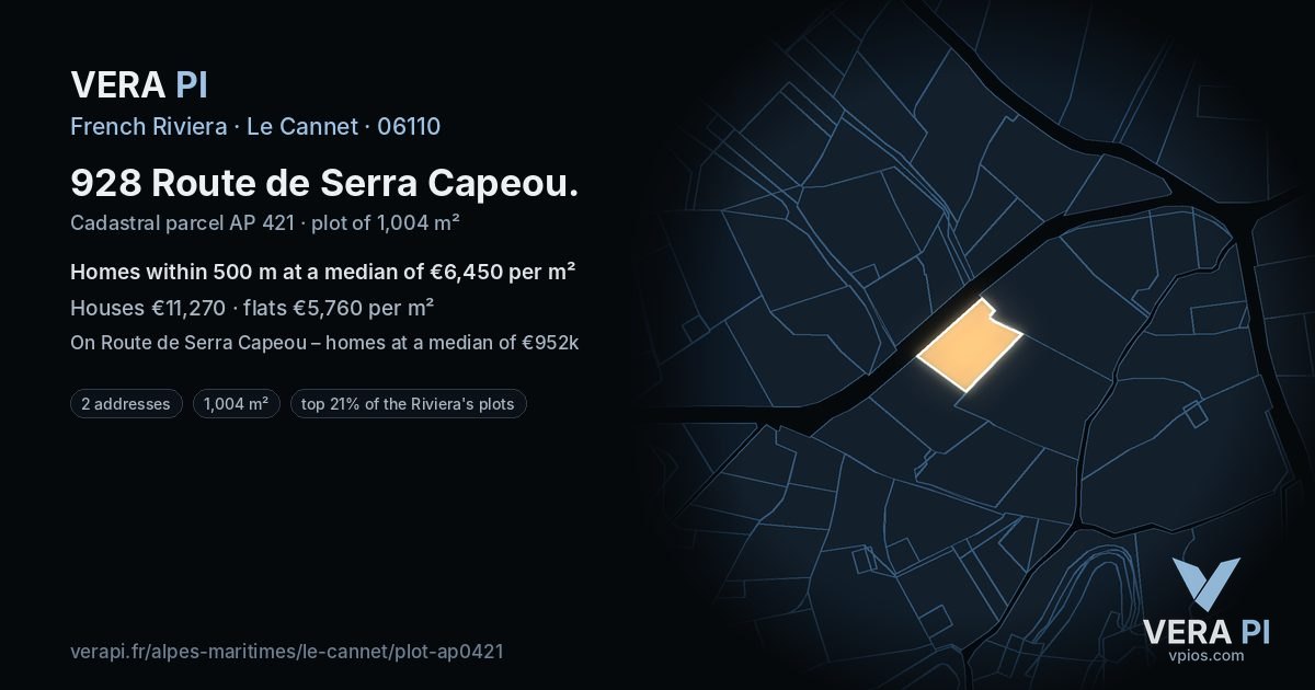928 Route de Serra Capeou, Le Cannet at night – the plot lit, the parcels around coloured by the prices near them