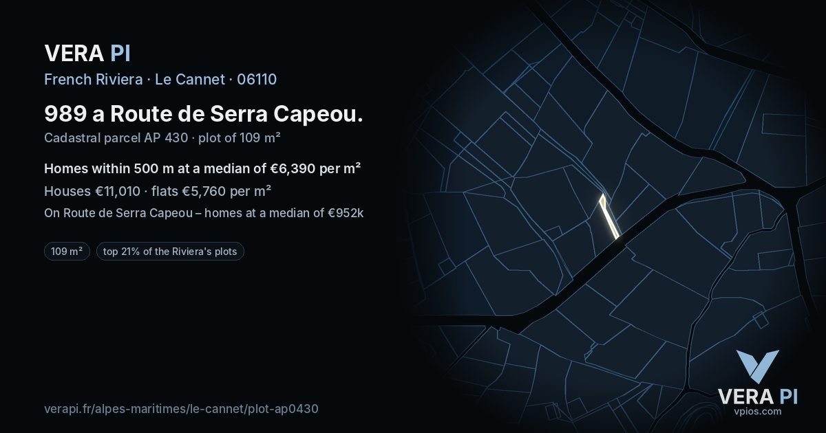 989 a Route de Serra Capeou, Le Cannet at night – the plot lit, the parcels around coloured by the prices near them