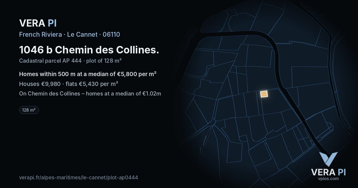 1046 b Chemin des Collines, Le Cannet at night – the plot lit, the parcels around coloured by the prices near them