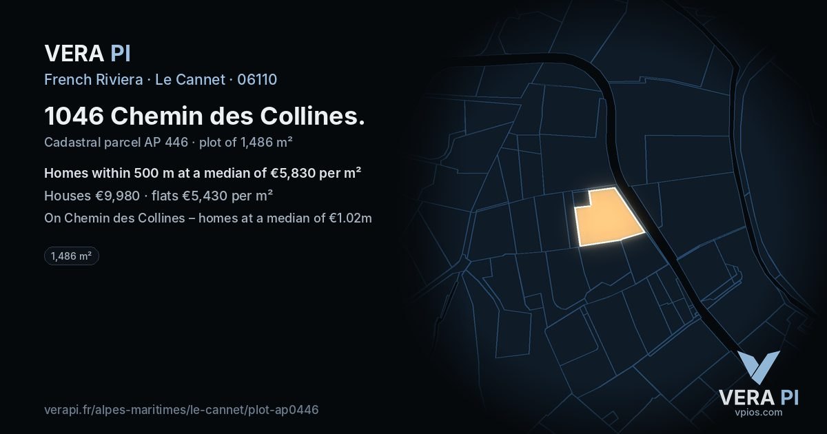 1046 Chemin des Collines, Le Cannet at night – the plot lit, the parcels around coloured by the prices near them