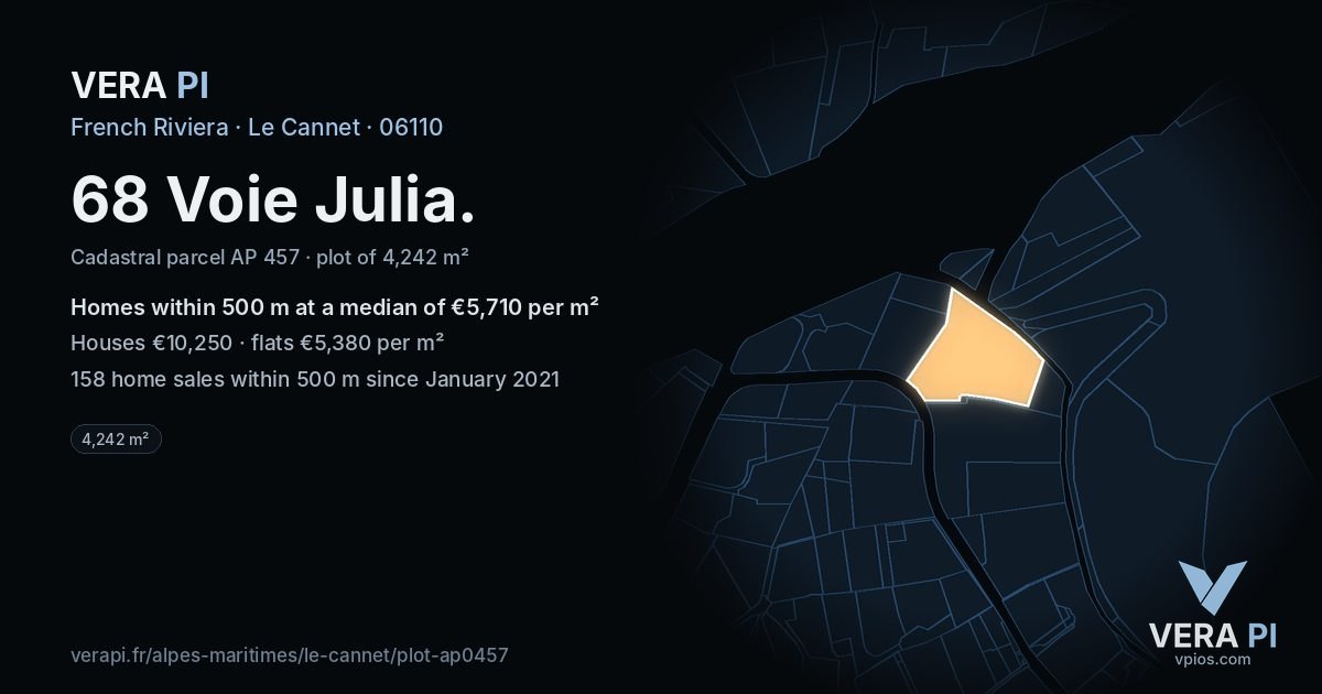 68 Voie Julia, Le Cannet at night – the plot lit, the parcels around coloured by the prices near them