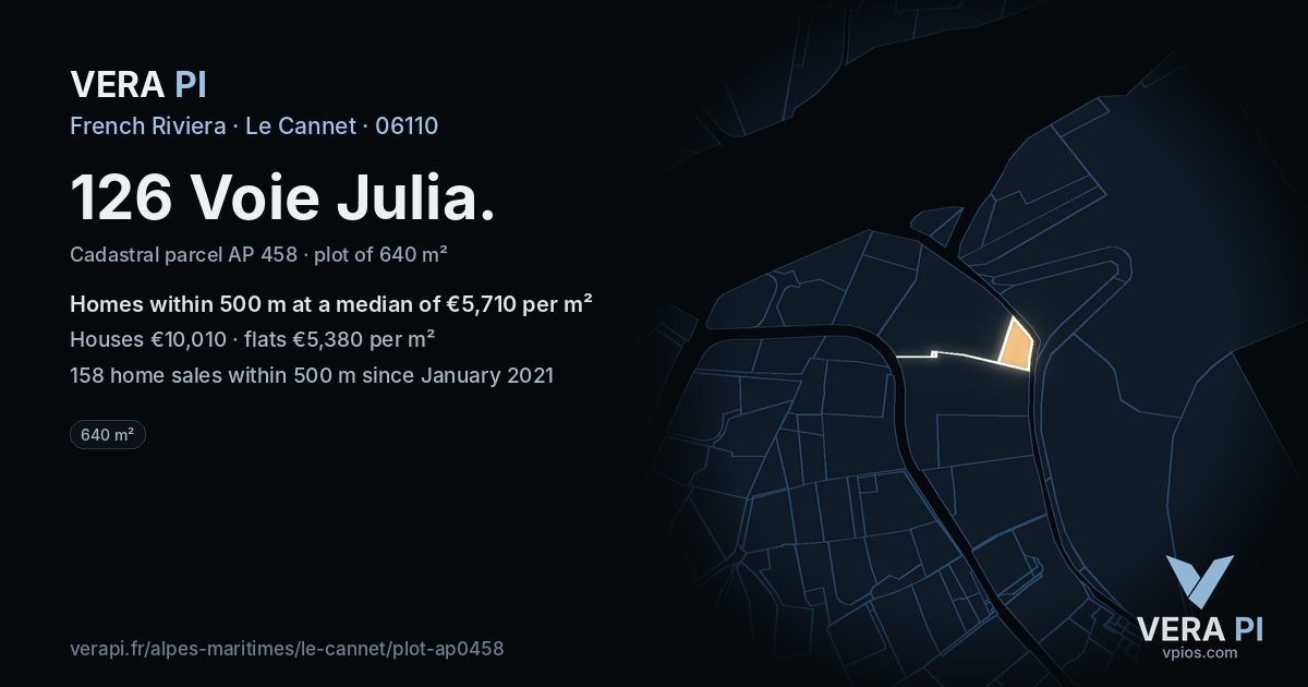 126 Voie Julia, Le Cannet at night – the plot lit, the parcels around coloured by the prices near them