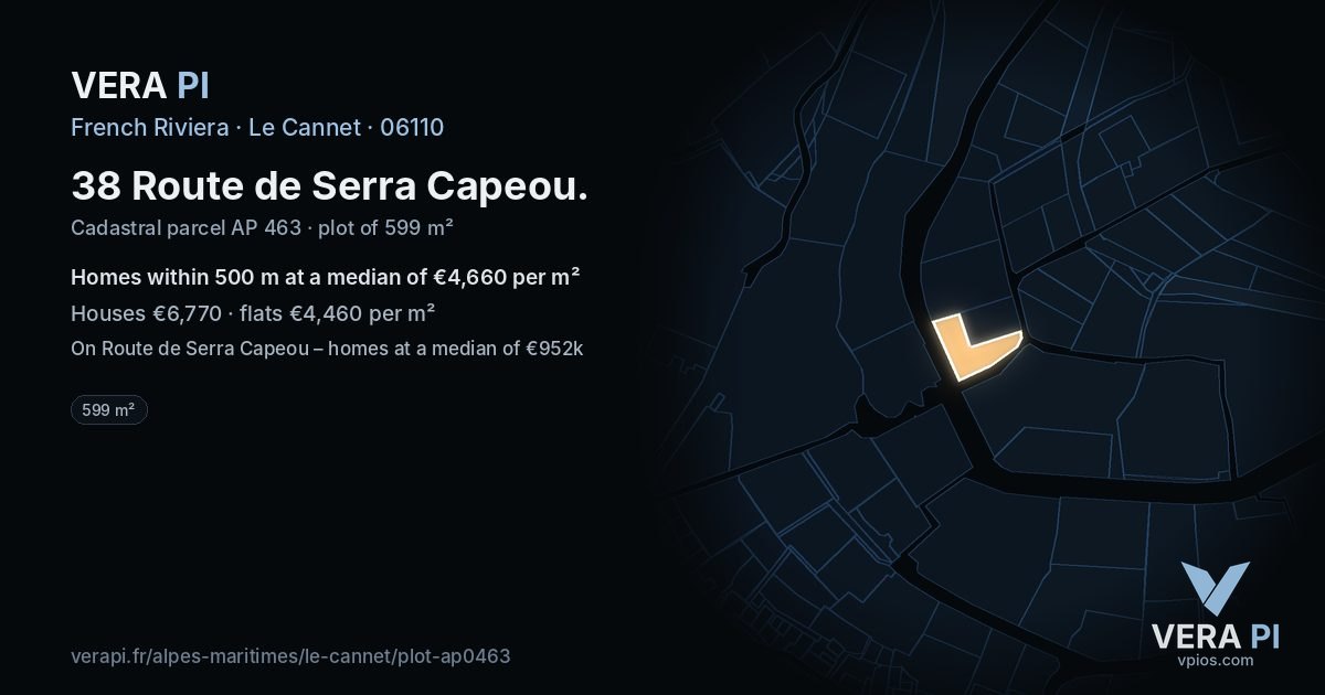 38 Route de Serra Capeou, Le Cannet at night – the plot lit, the parcels around coloured by the prices near them