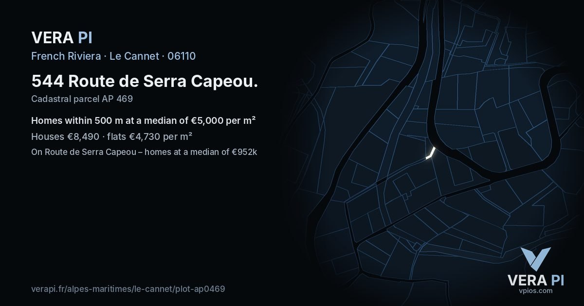 544 Route de Serra Capeou, Le Cannet at night – the plot lit, the parcels around coloured by the prices near them
