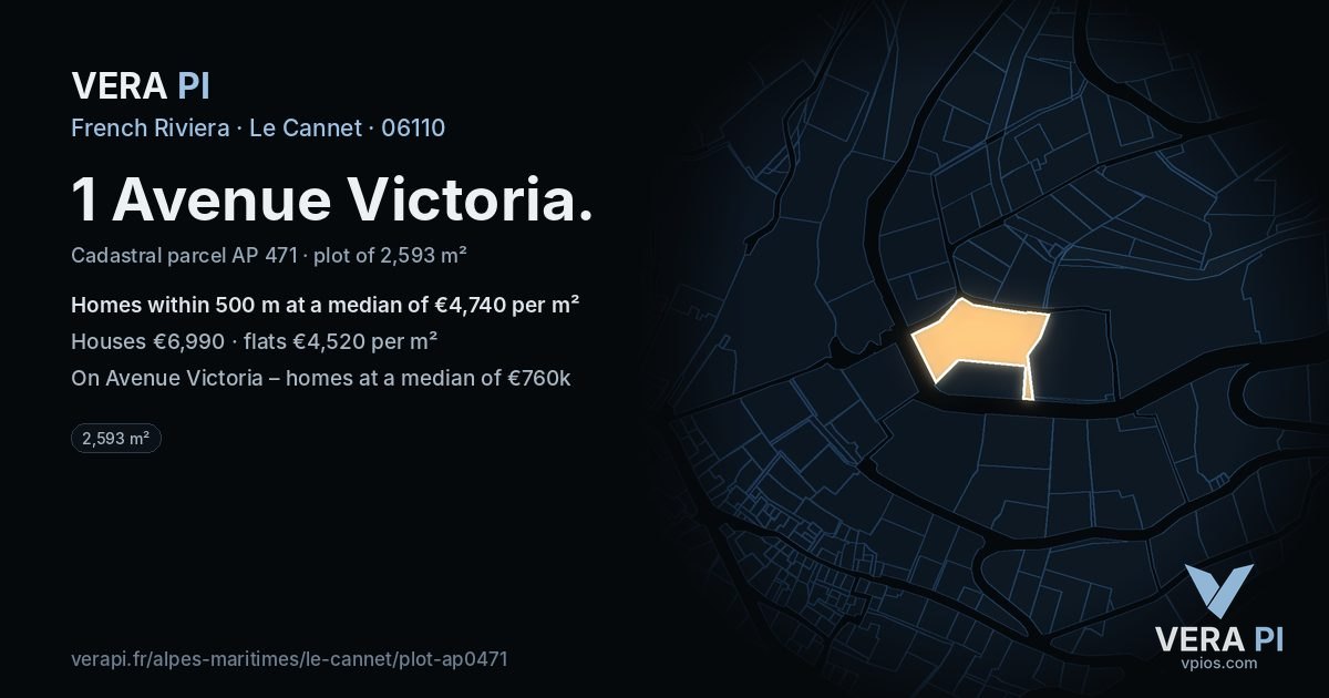 1 Avenue Victoria, Le Cannet at night – the plot lit, the parcels around coloured by the prices near them