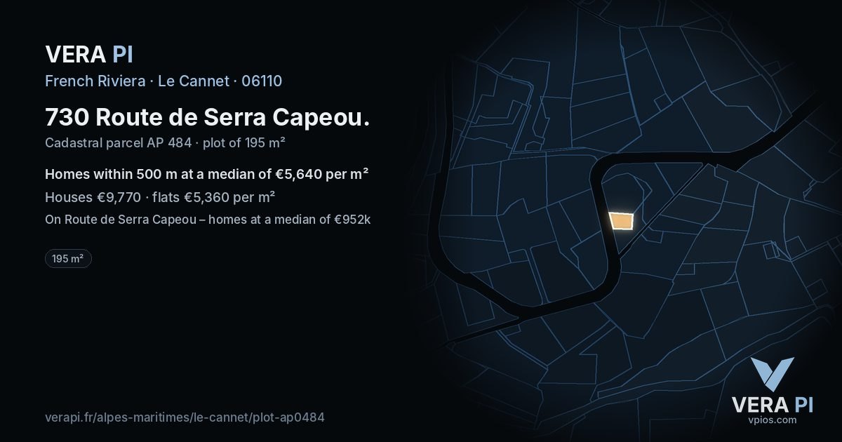 730 Route de Serra Capeou, Le Cannet at night – the plot lit, the parcels around coloured by the prices near them