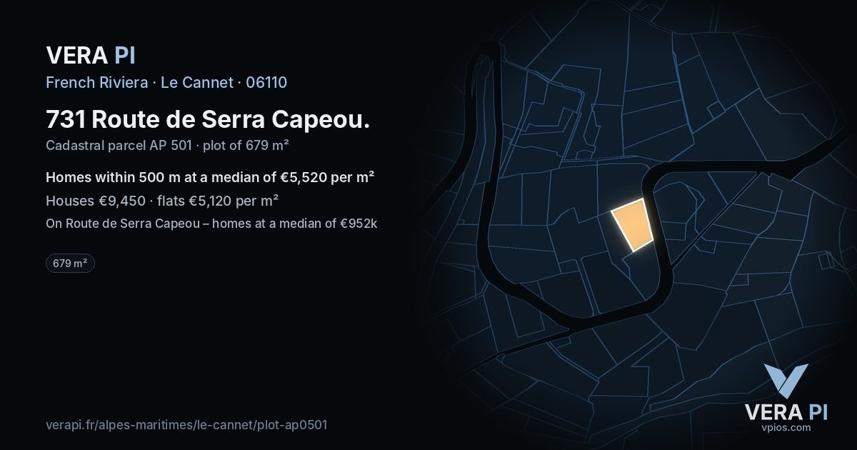 731 Route de Serra Capeou, Le Cannet at night – the plot lit, the parcels around coloured by the prices near them