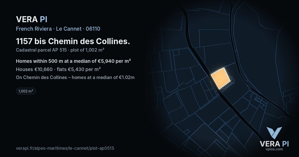 1157 bis Chemin des Collines, Le Cannet at night – the plot lit, the parcels around coloured by the prices near them