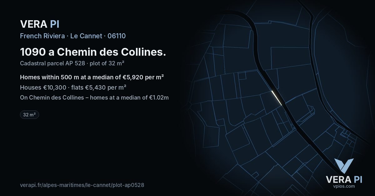 1090 a Chemin des Collines, Le Cannet at night – the plot lit, the parcels around coloured by the prices near them