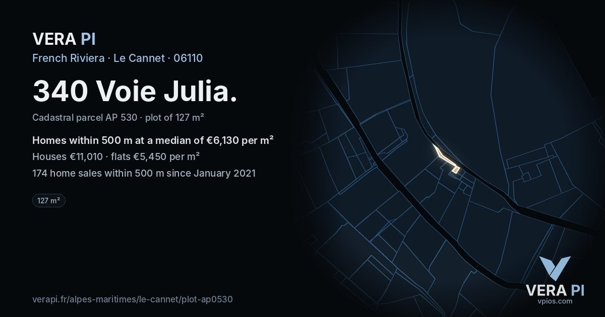 340 Voie Julia, Le Cannet at night – the plot lit, the parcels around coloured by the prices near them