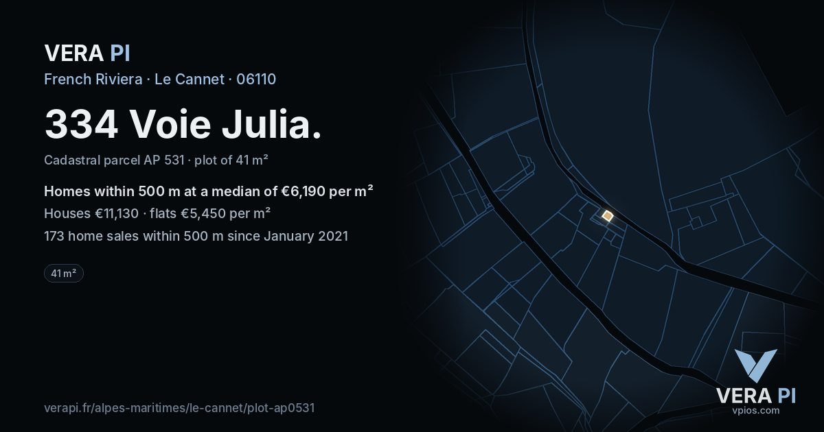 334 Voie Julia, Le Cannet at night – the plot lit, the parcels around coloured by the prices near them