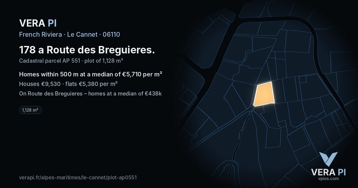 178 a Route des Breguieres, Le Cannet at night – the plot lit, the parcels around coloured by the prices near them