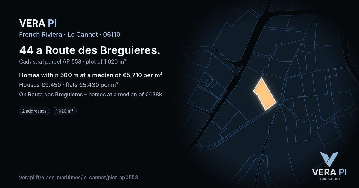 44 a Route des Breguieres, Le Cannet at night – the plot lit, the parcels around coloured by the prices near them