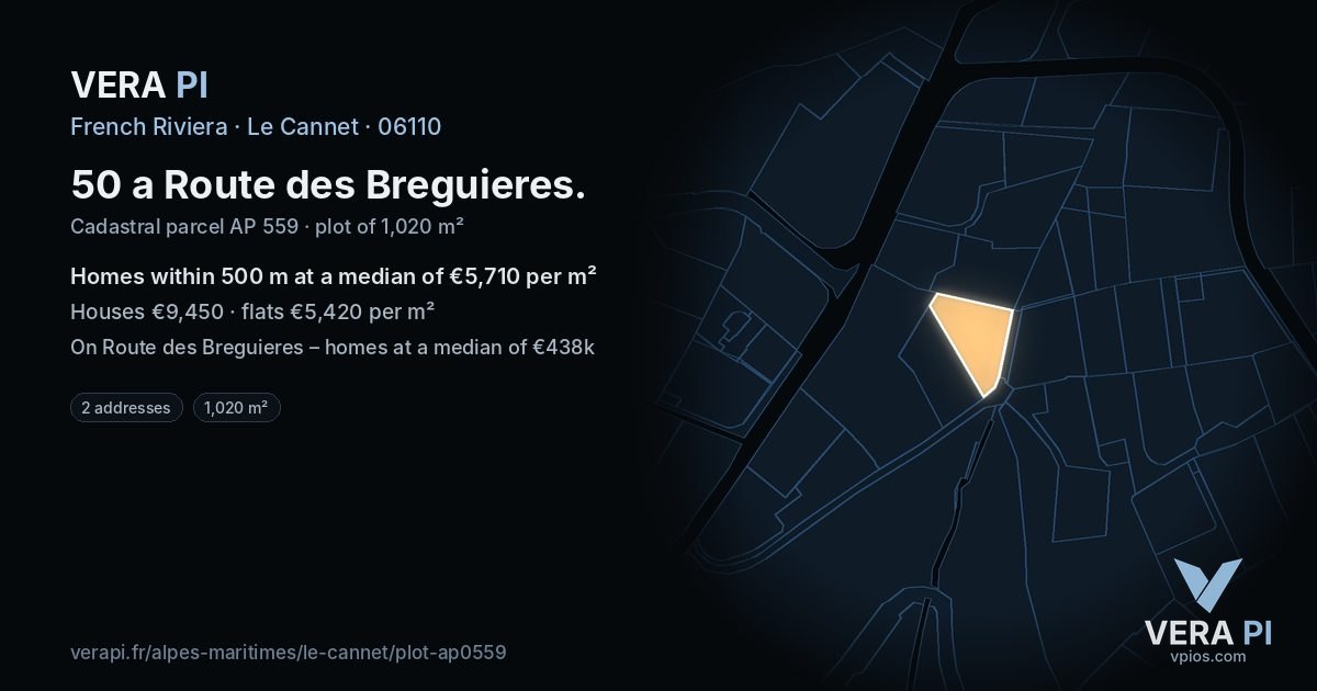 50 a Route des Breguieres, Le Cannet at night – the plot lit, the parcels around coloured by the prices near them