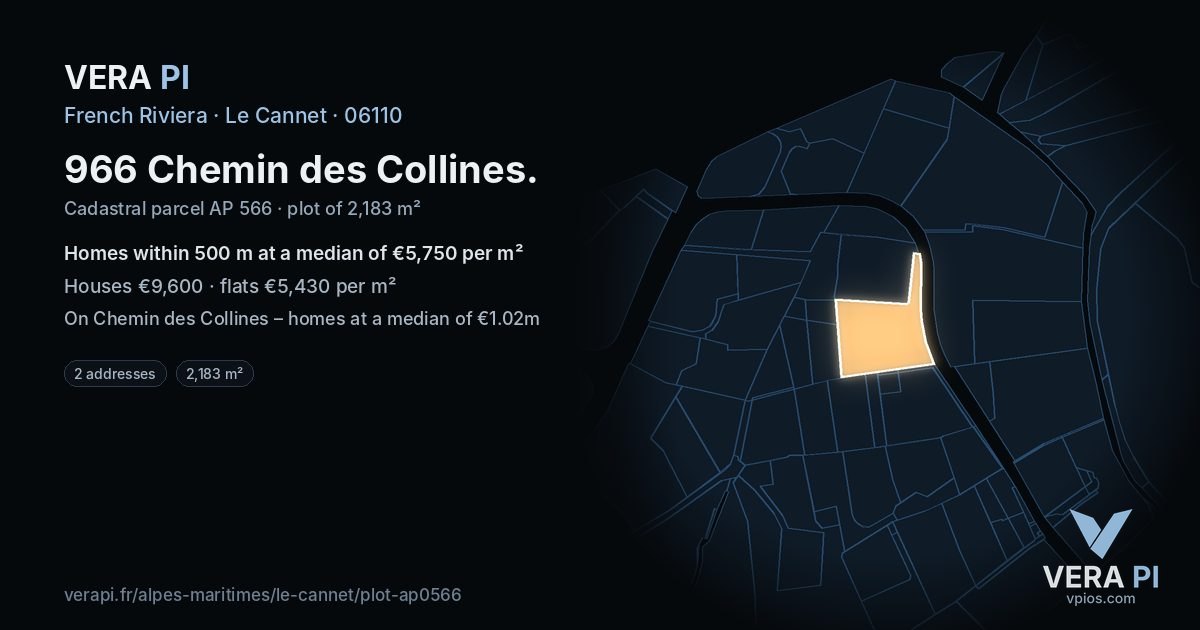 966 Chemin des Collines, Le Cannet at night – the plot lit, the parcels around coloured by the prices near them