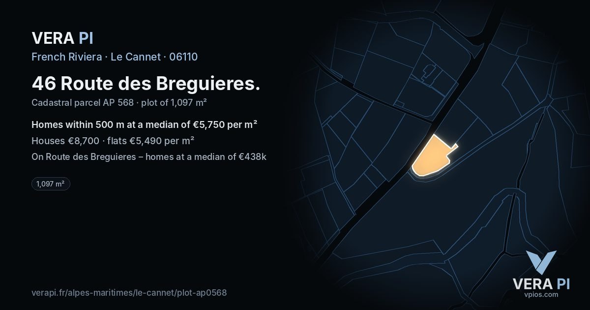 46 Route des Breguieres, Le Cannet at night – the plot lit, the parcels around coloured by the prices near them