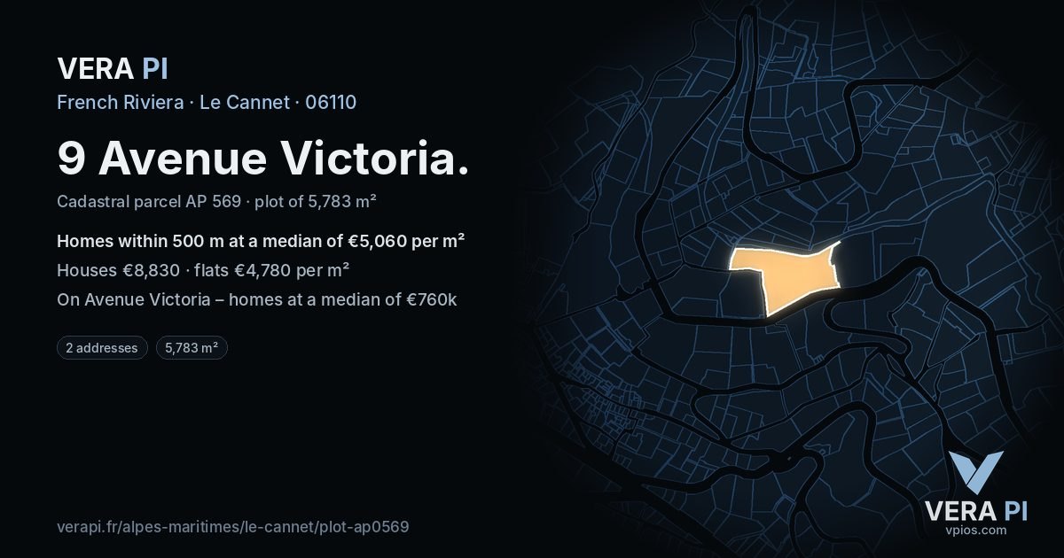 9 Avenue Victoria, Le Cannet at night – the plot lit, the parcels around coloured by the prices near them