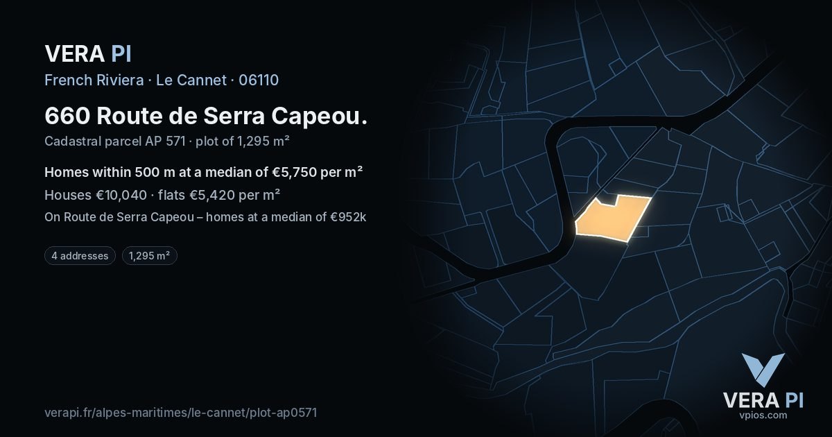 660 Route de Serra Capeou, Le Cannet at night – the plot lit, the parcels around coloured by the prices near them