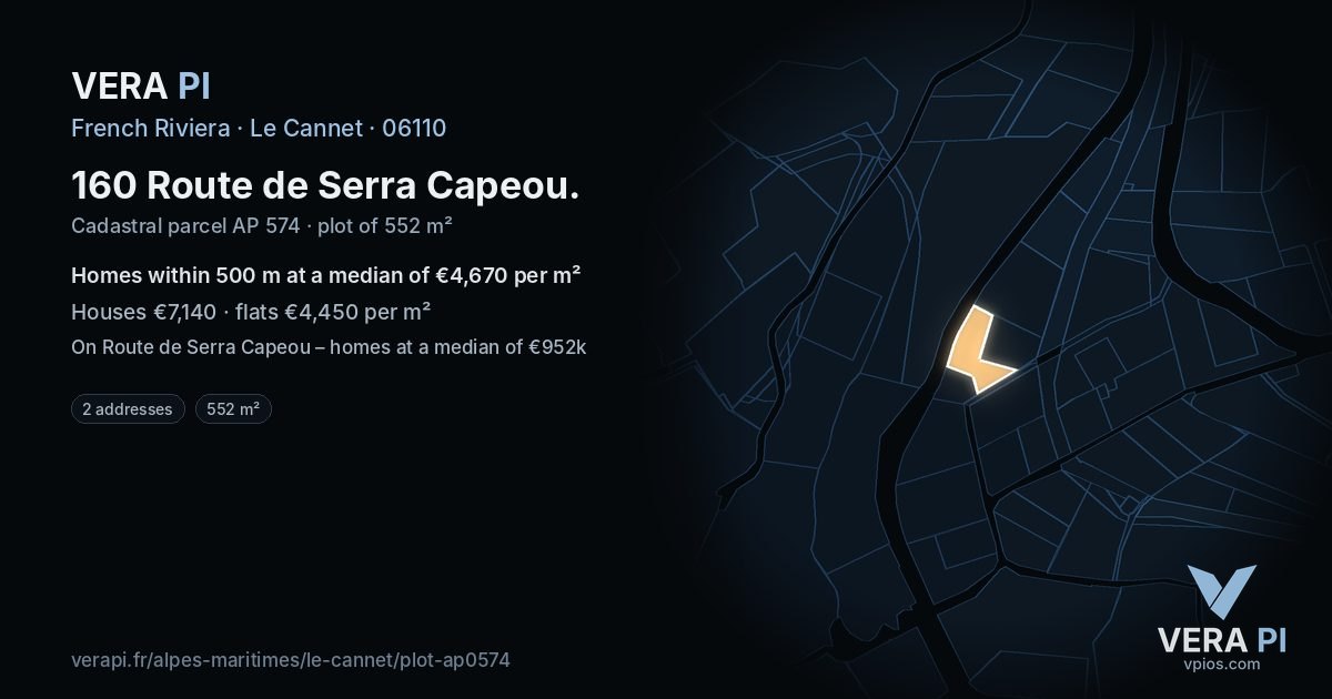 160 Route de Serra Capeou, Le Cannet at night – the plot lit, the parcels around coloured by the prices near them
