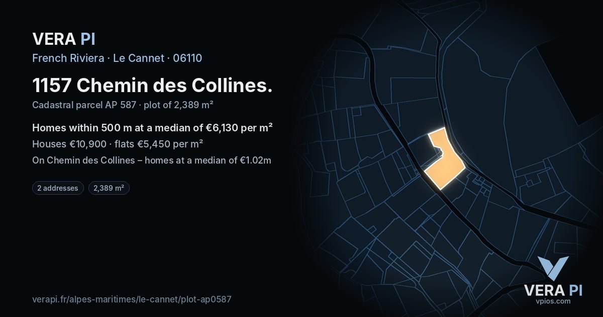 1157 Chemin des Collines, Le Cannet at night – the plot lit, the parcels around coloured by the prices near them