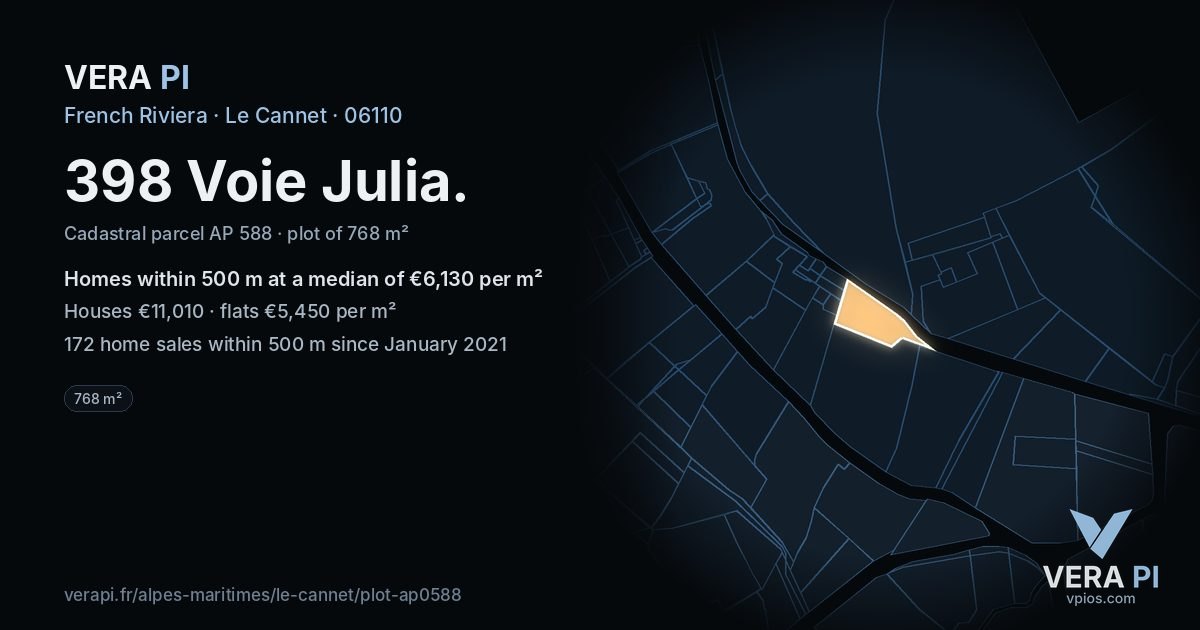 398 Voie Julia, Le Cannet at night – the plot lit, the parcels around coloured by the prices near them