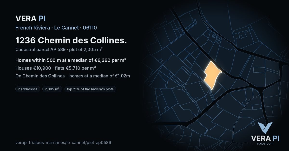1236 Chemin des Collines, Le Cannet at night – the plot lit, the parcels around coloured by the prices near them