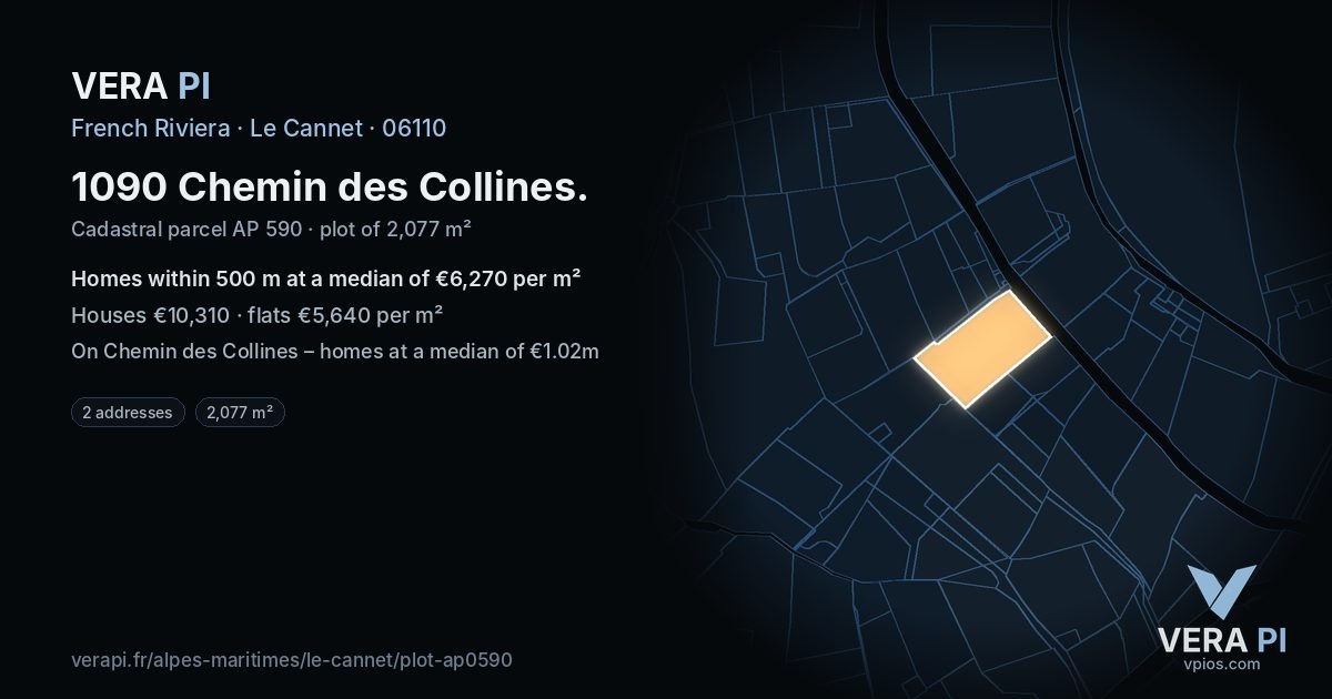 1090 Chemin des Collines, Le Cannet at night – the plot lit, the parcels around coloured by the prices near them