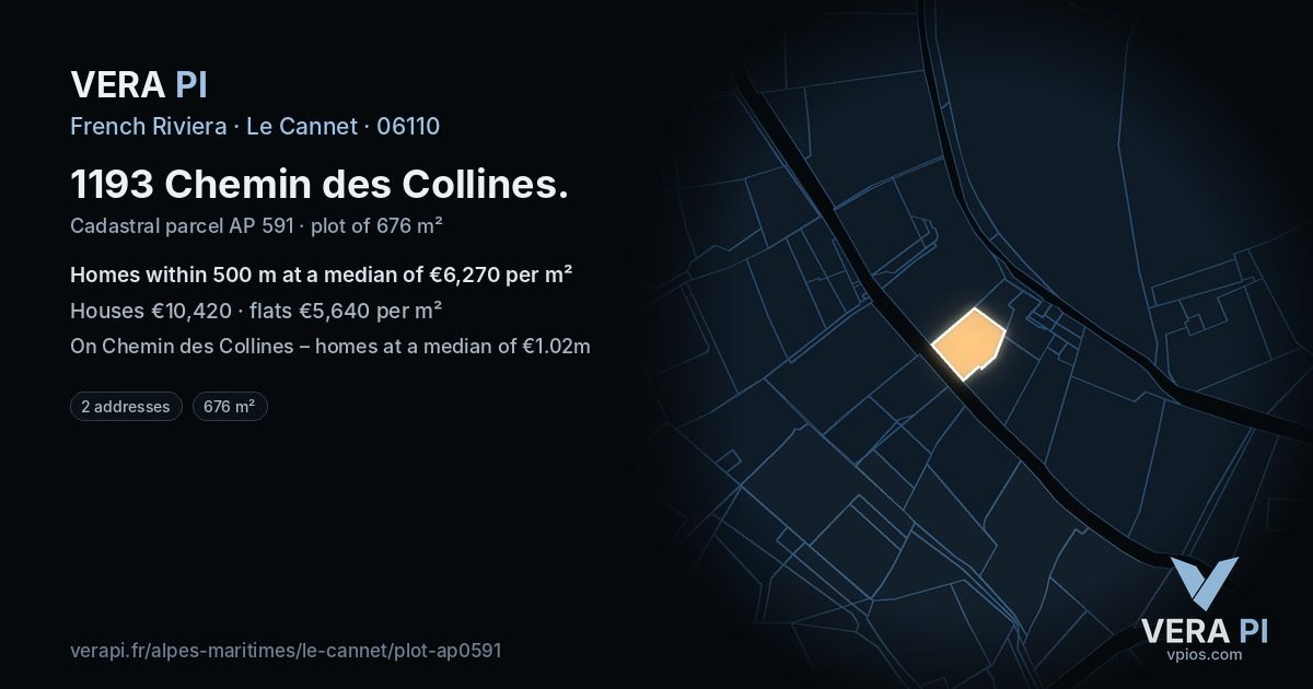 1193 Chemin des Collines, Le Cannet at night – the plot lit, the parcels around coloured by the prices near them