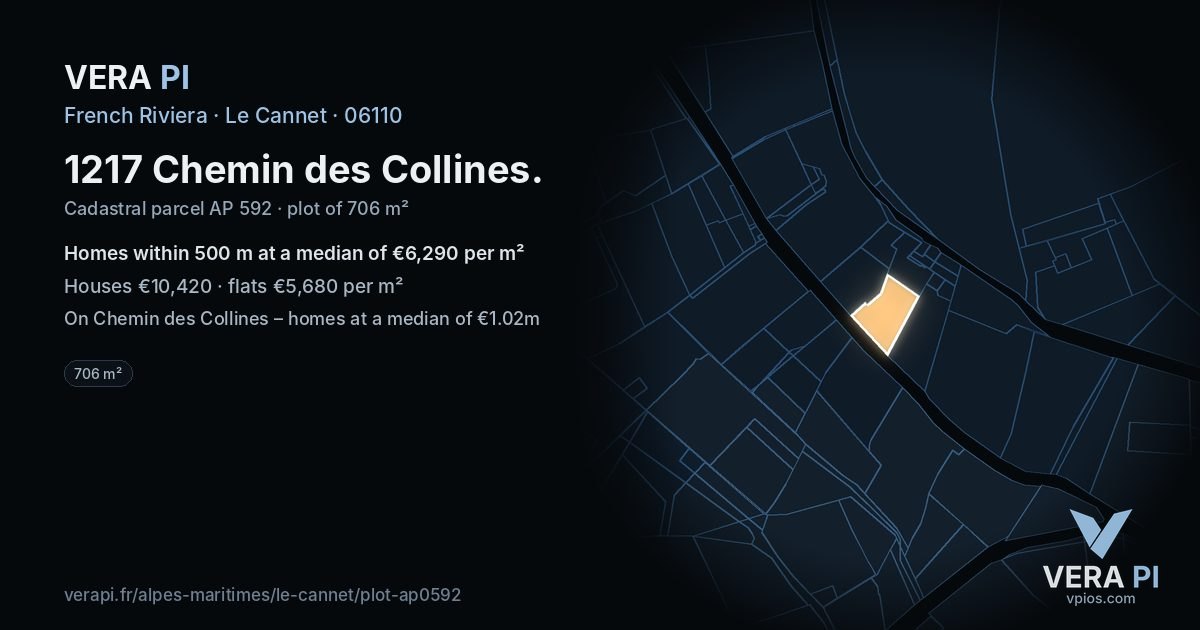 1217 Chemin des Collines, Le Cannet at night – the plot lit, the parcels around coloured by the prices near them