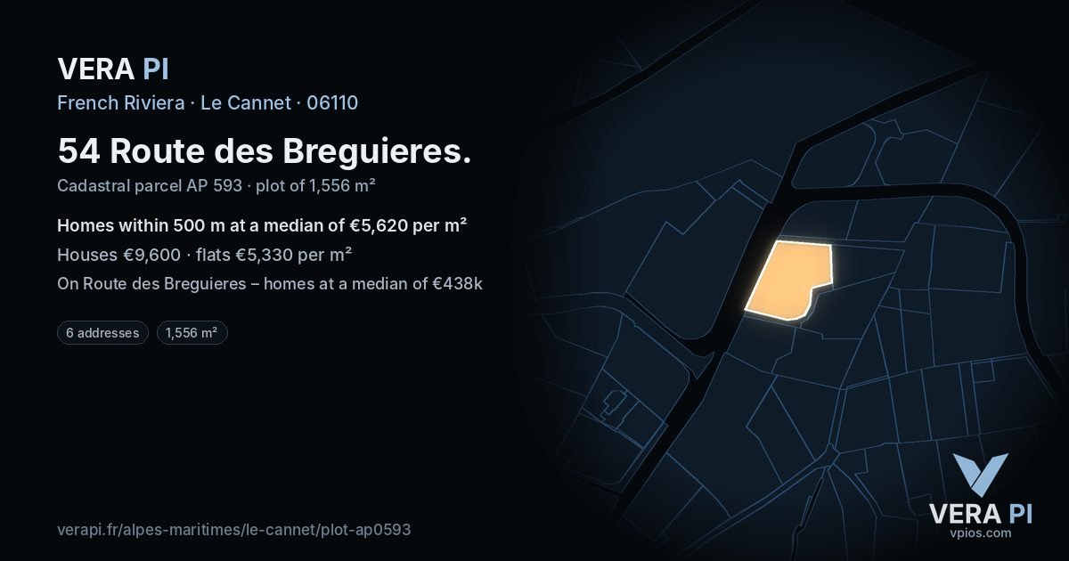 54 Route des Breguieres, Le Cannet at night – the plot lit, the parcels around coloured by the prices near them