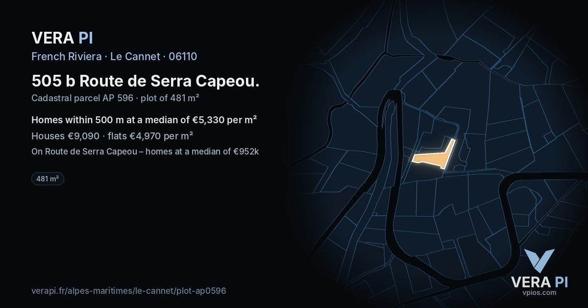 505 b Route de Serra Capeou, Le Cannet at night – the plot lit, the parcels around coloured by the prices near them