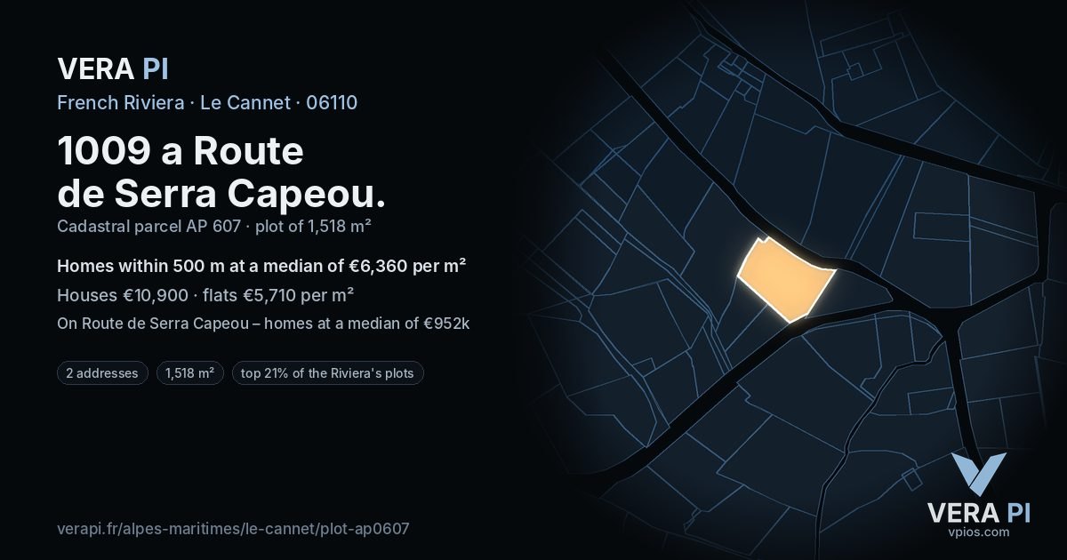 1009 a Route de Serra Capeou, Le Cannet at night – the plot lit, the parcels around coloured by the prices near them