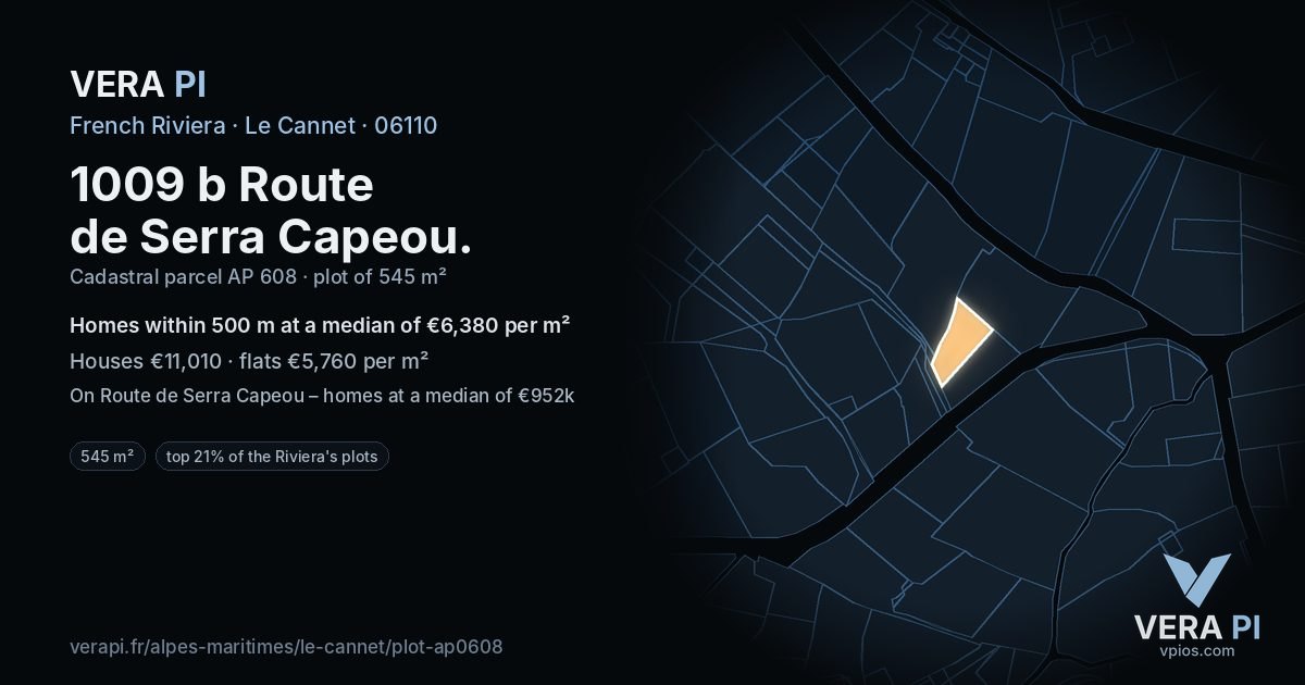 1009 b Route de Serra Capeou, Le Cannet at night – the plot lit, the parcels around coloured by the prices near them