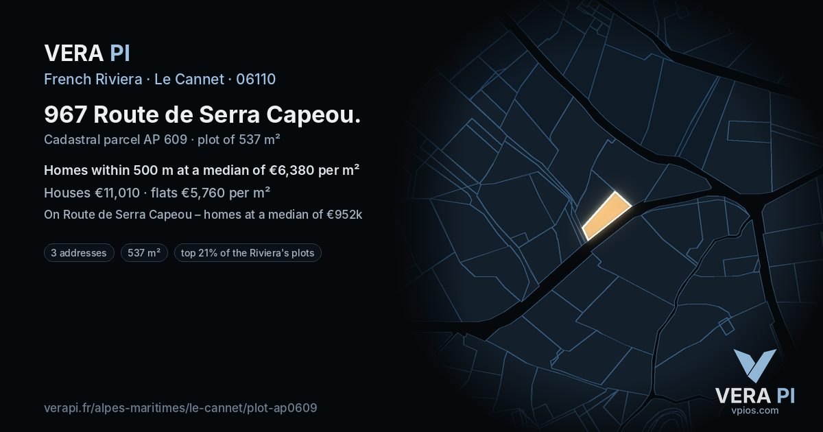 967 Route de Serra Capeou, Le Cannet at night – the plot lit, the parcels around coloured by the prices near them