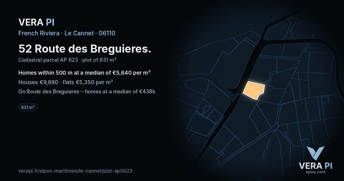 52 Route des Breguieres, Le Cannet at night – the plot lit, the parcels around coloured by the prices near them