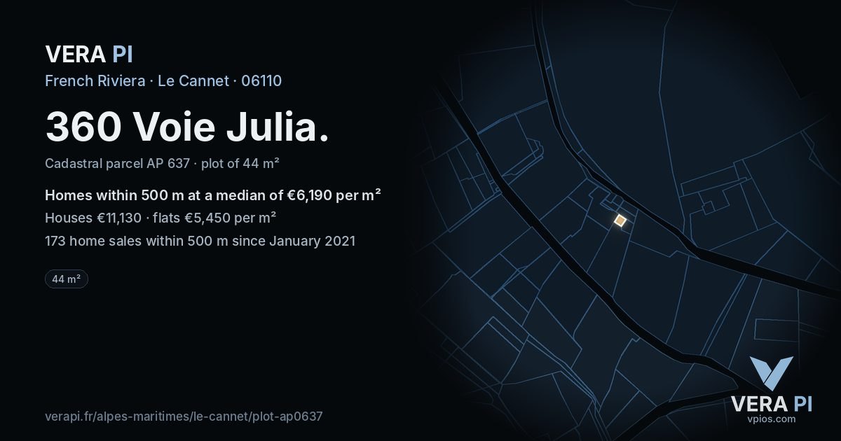 360 Voie Julia, Le Cannet at night – the plot lit, the parcels around coloured by the prices near them