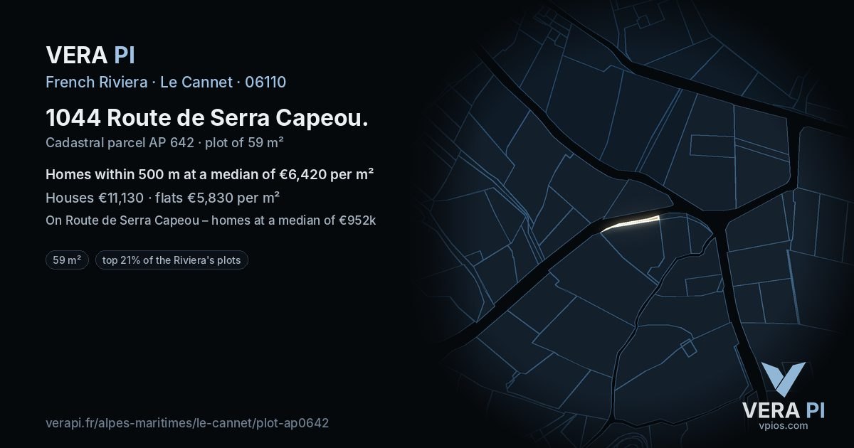 1044 Route de Serra Capeou, Le Cannet at night – the plot lit, the parcels around coloured by the prices near them