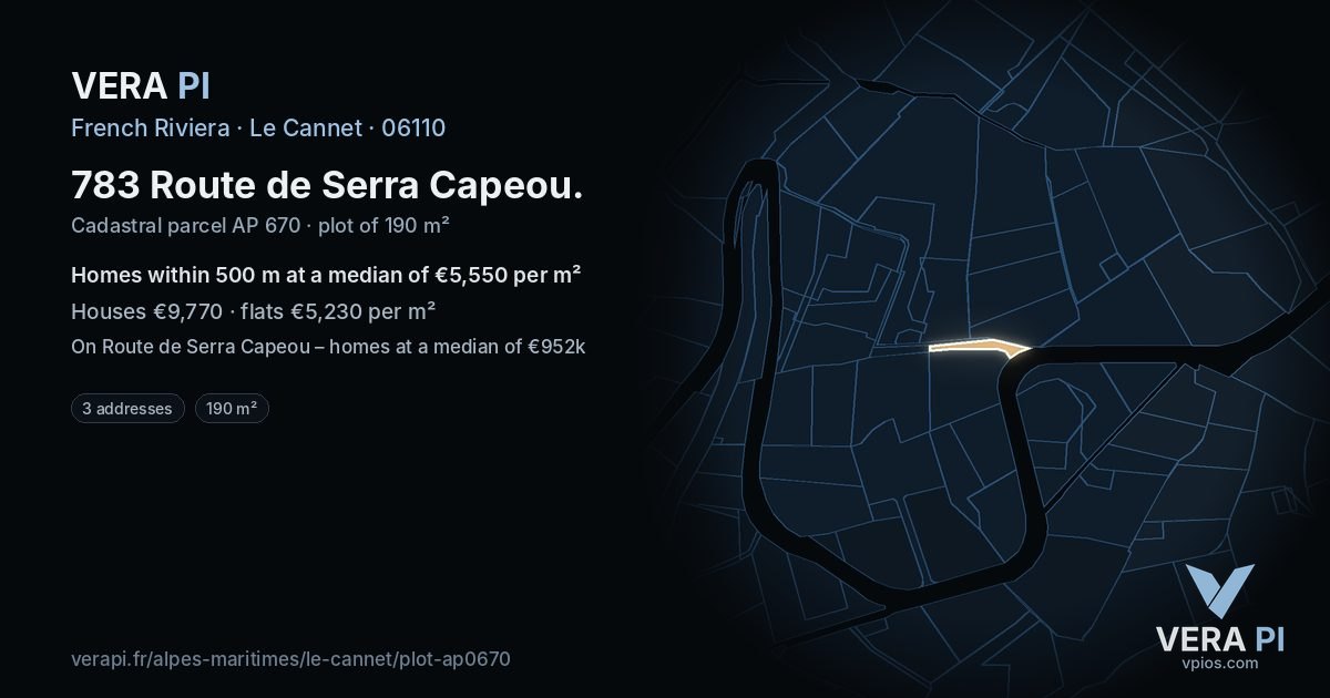 783 Route de Serra Capeou, Le Cannet at night – the plot lit, the parcels around coloured by the prices near them