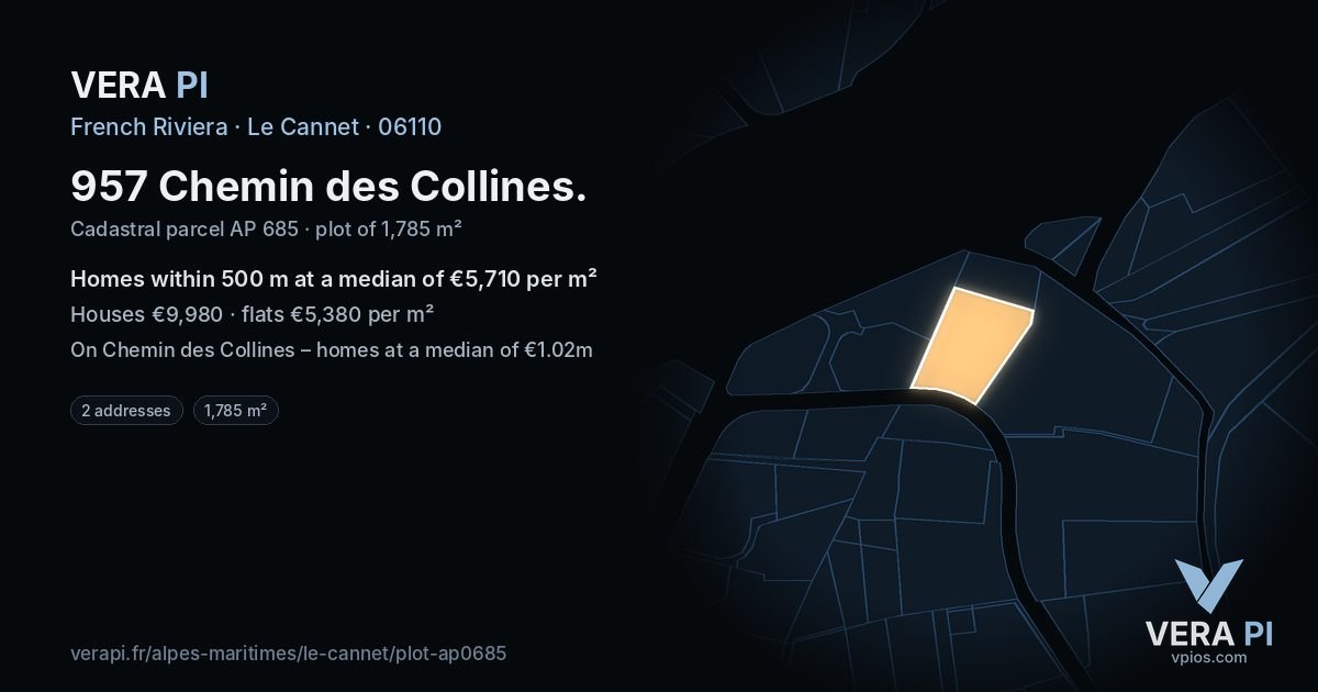 957 Chemin des Collines, Le Cannet at night – the plot lit, the parcels around coloured by the prices near them