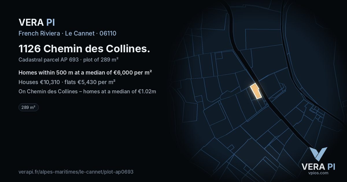 1126 Chemin des Collines, Le Cannet at night – the plot lit, the parcels around coloured by the prices near them