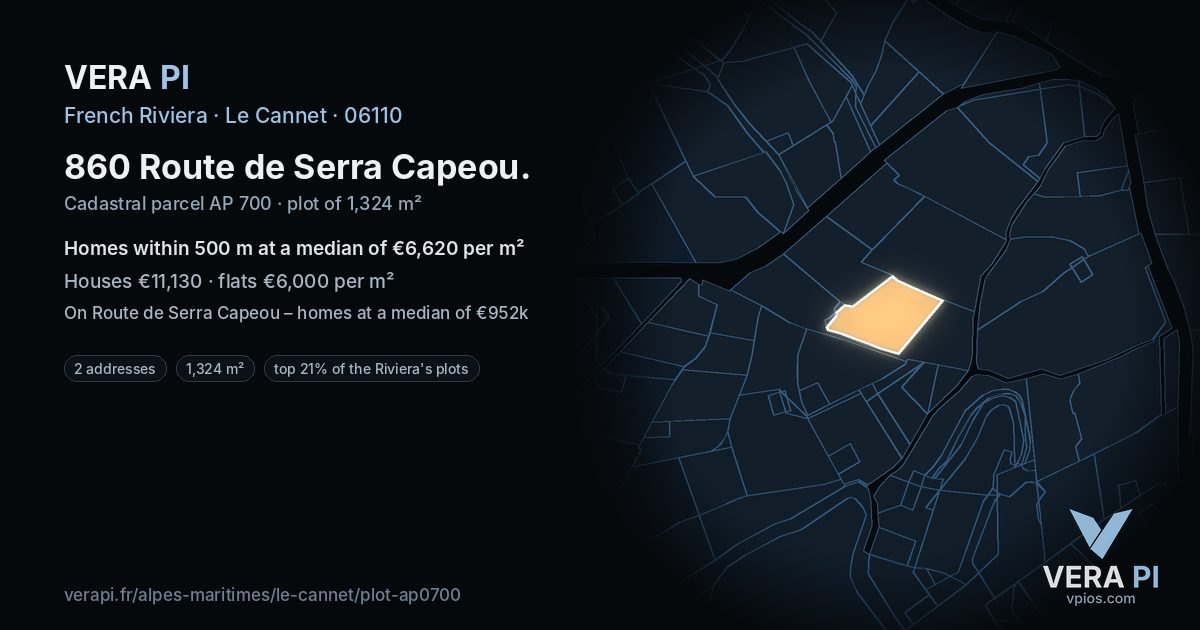 860 Route de Serra Capeou, Le Cannet at night – the plot lit, the parcels around coloured by the prices near them